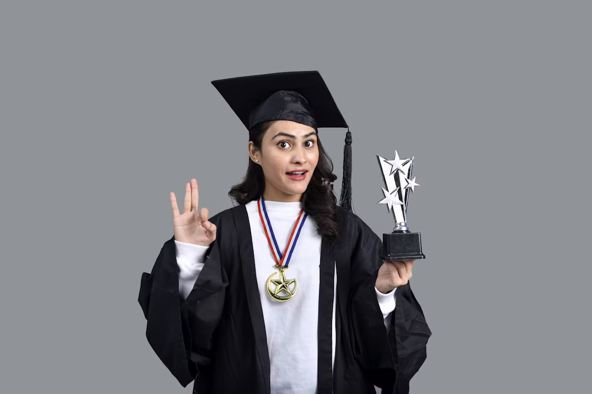 Successful student holding award